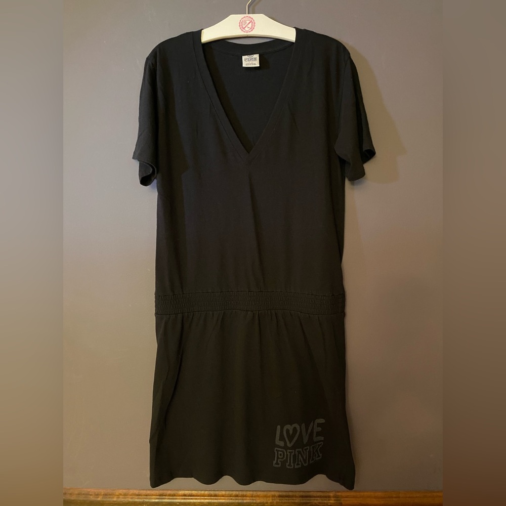 VS PINK VINTAGE Y2K TEE SHIRT ROUCHED BABYDOLL DRESS BLACK LOVE LOGO HTF RARE LG - Picture 6 of 9